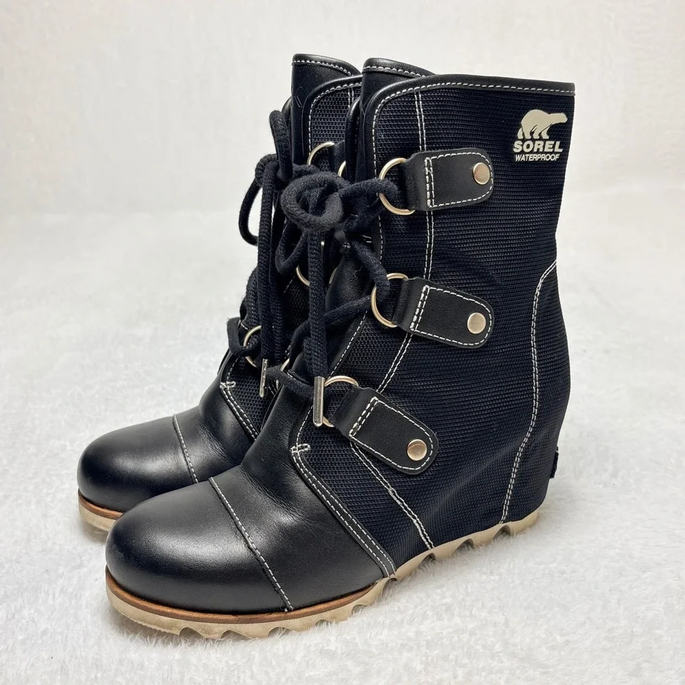 Sorel Joan of Arctic Mid Wedge Celebration Black Waterproof Boots Sz 8 Utility